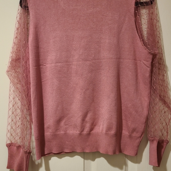 MADISON + HUDSON LACE SHEER SLEEVE RAYON MOCK NECK BLUSH RAYON TOP - Picture 14 of 15